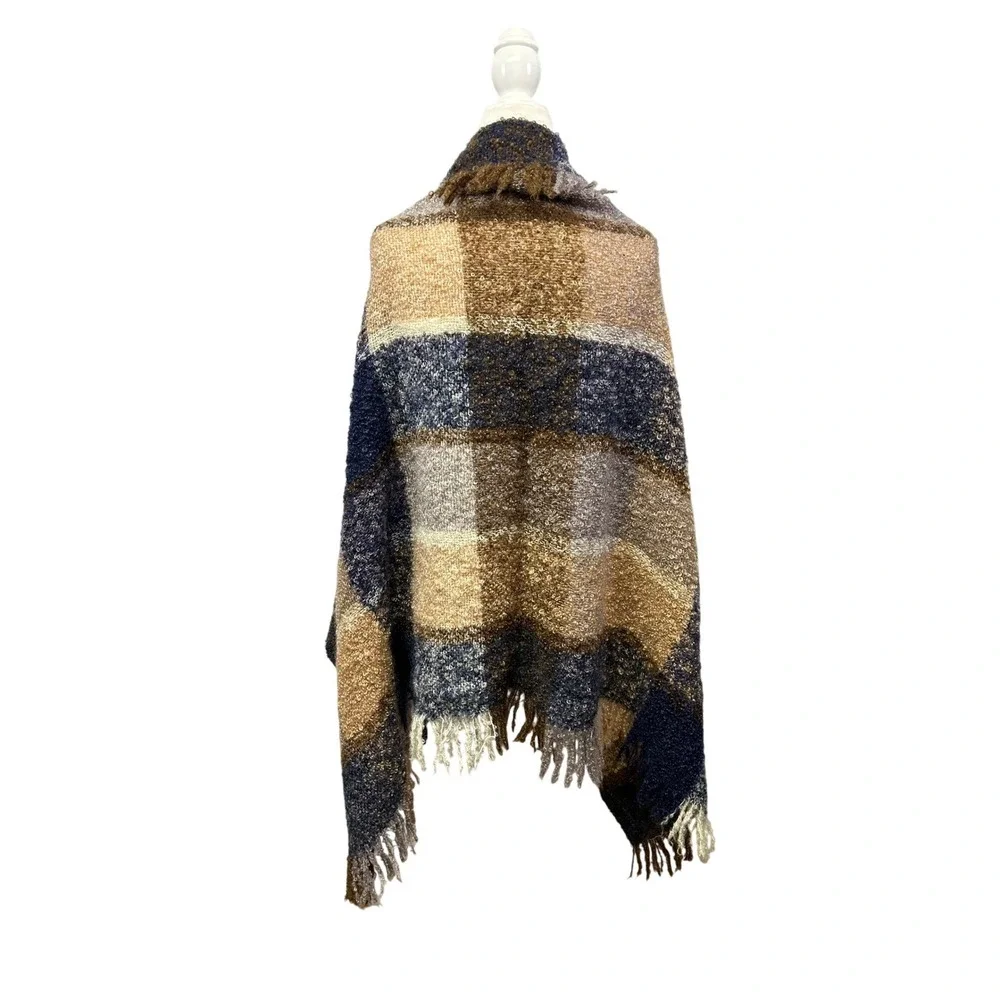 Dark Academia Avoca Womens OS Blue‎ Brown Mohair Wool Plaid Fringe Wrap Shawl